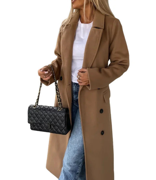 Women's Long Wool Coat with Double-Breasted Design – Elegant Structured Outerwear in Quality Wool 1