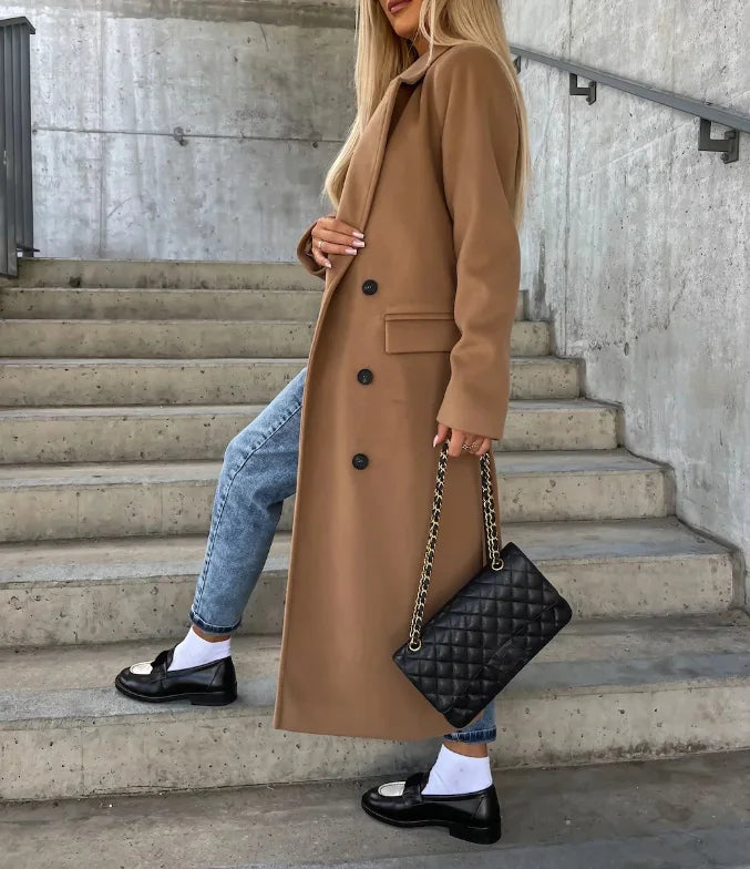 Women's Long Wool Coat with Double-Breasted Design – Elegant Structured Outerwear in Quality Wool 2