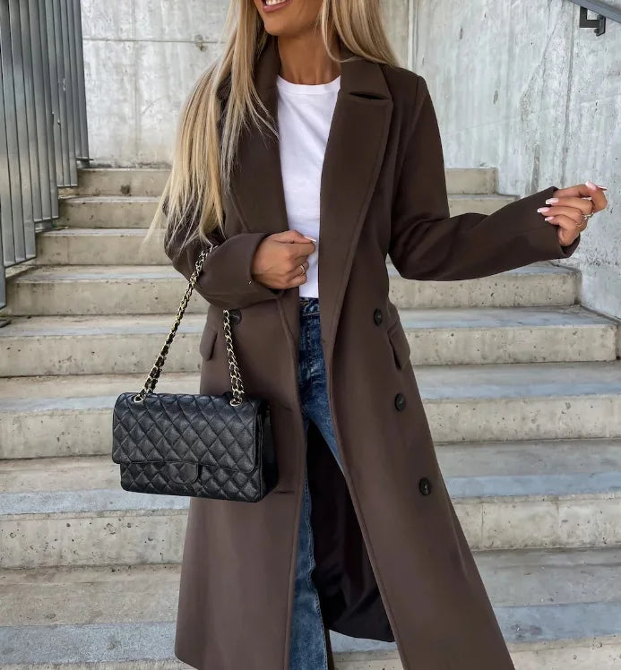 Women's Long Wool Coat with Double-Breasted Design – Elegant Structured Outerwear in Quality Wool 3