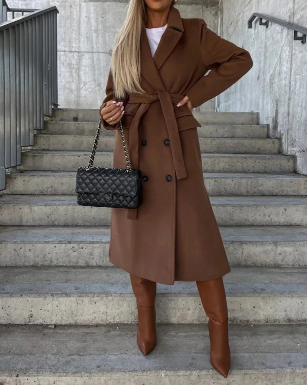 Women's Long Wool Coat with Double-Breasted Design – Elegant Structured Outerwear in Quality Wool 4