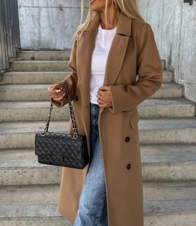 Women's Long Wool Coat with Double-Breasted Design – Elegant Structured Outerwear in Quality Wool 6