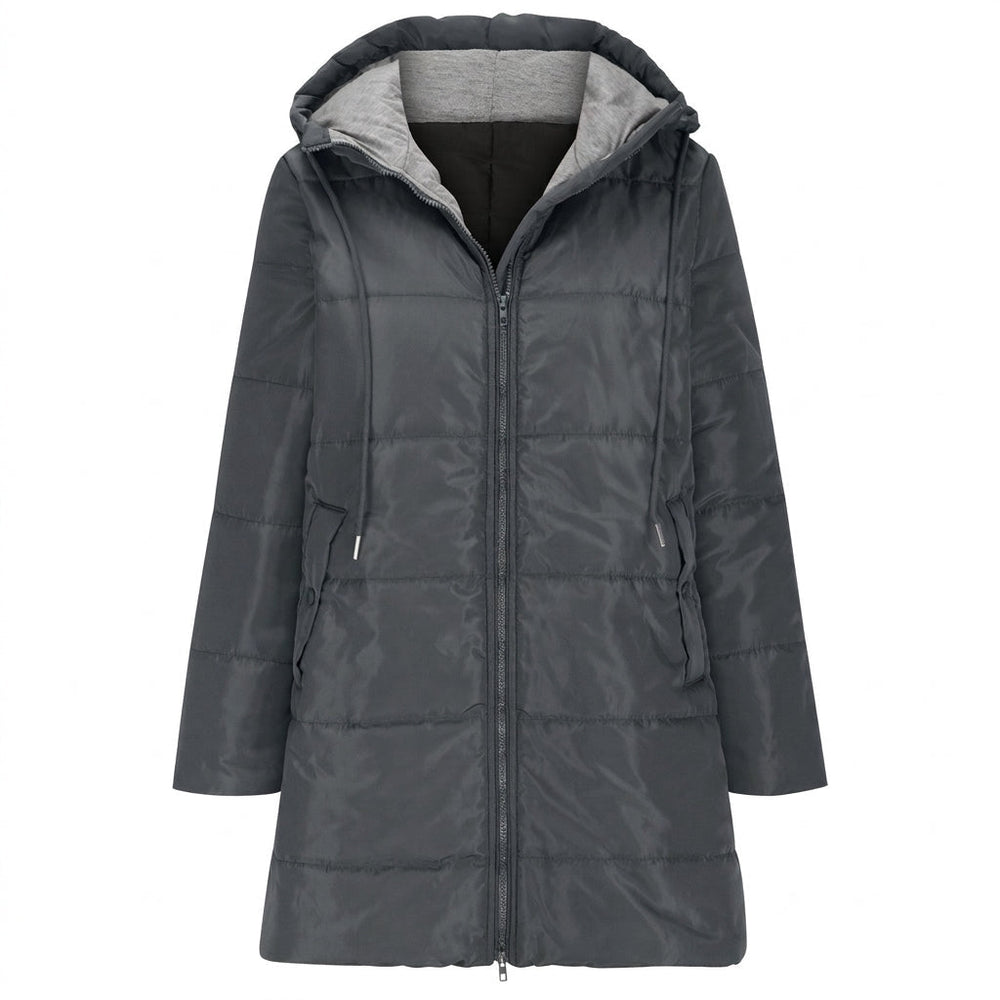 Women's Longline Quilted Puffer Jacket with Zip Front and Pockets – Black Cold Weather Coat 1