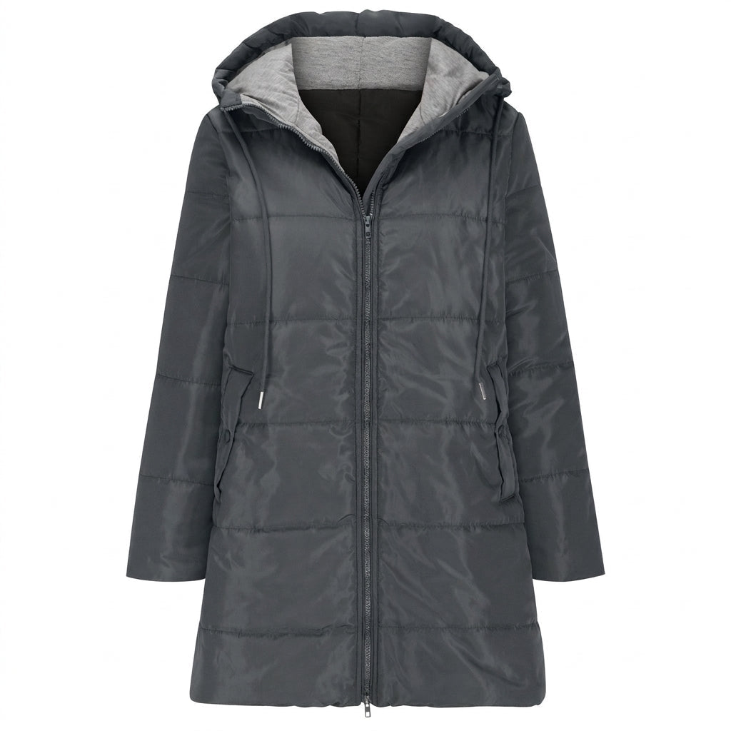 Women's Longline Quilted Puffer Jacket with Zip Front and Pockets – Black Cold Weather Coat 1