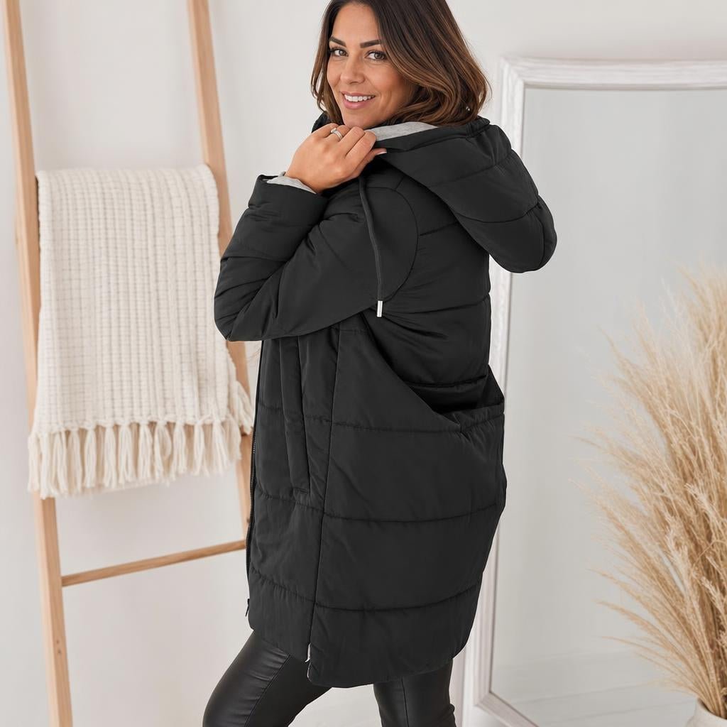 Women's Longline Quilted Puffer Jacket with Zip Front and Pockets – Black Cold Weather Coat 3