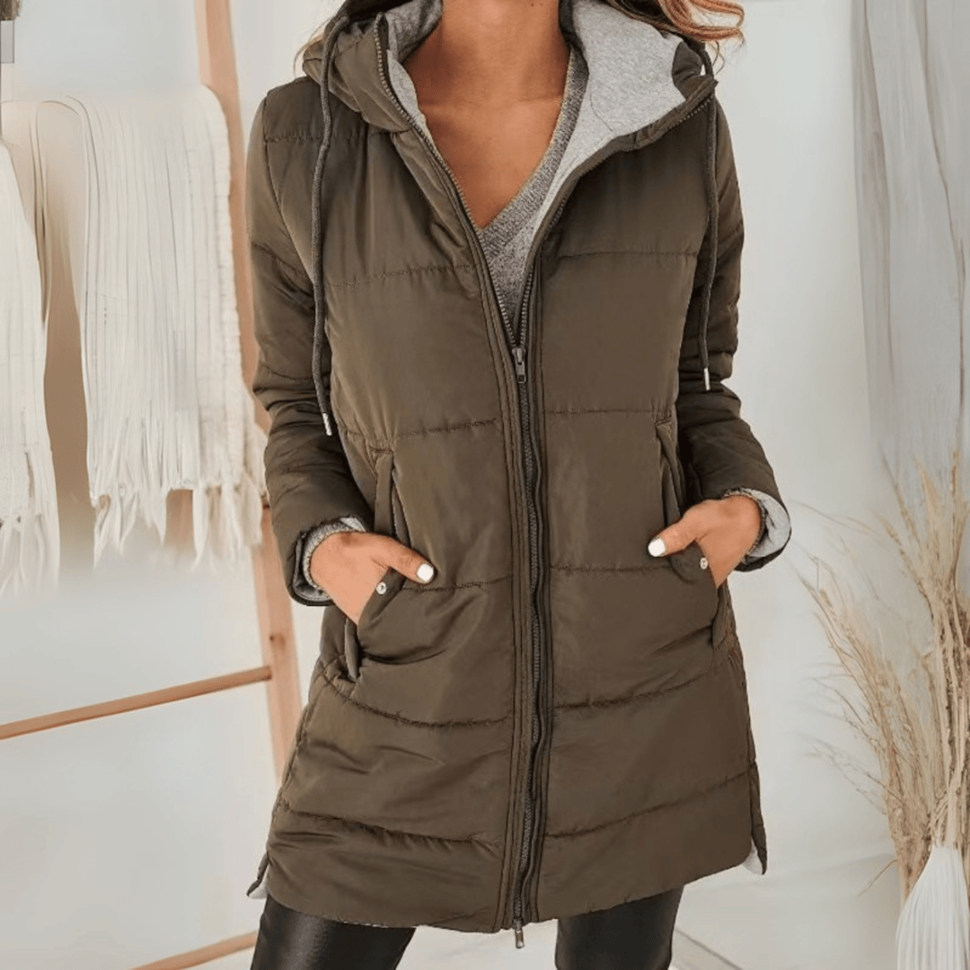 Women's Longline Quilted Puffer Jacket with Zip Front and Pockets – Black Cold Weather Coat 4