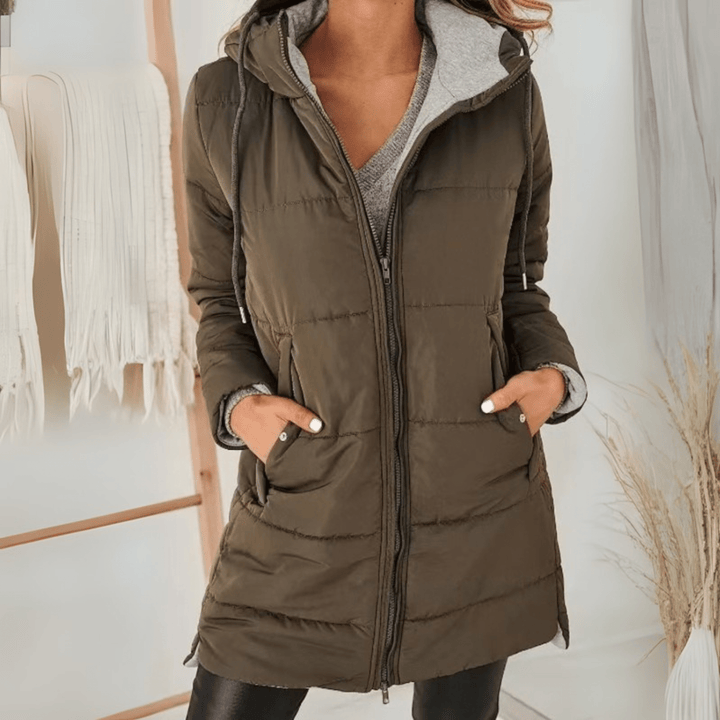 Women's Longline Quilted Puffer Jacket with Zip Front and Pockets – Black Cold Weather Coat 4