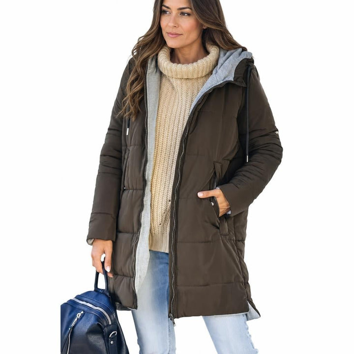 Women's Longline Quilted Puffer Jacket with Zip Front and Pockets – Black Cold Weather Coat 6
