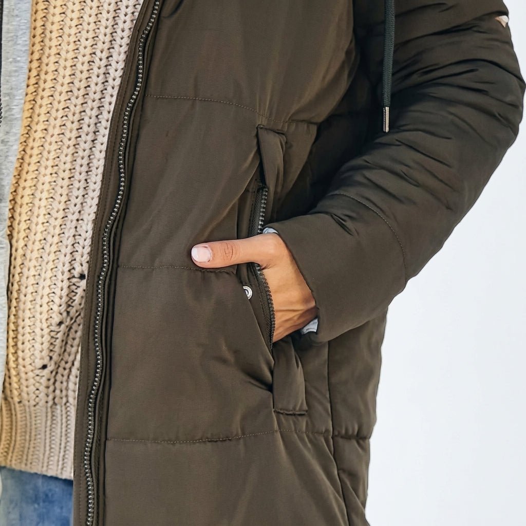 Women's Longline Quilted Puffer Jacket with Zip Front and Pockets – Black Cold Weather Coat 8