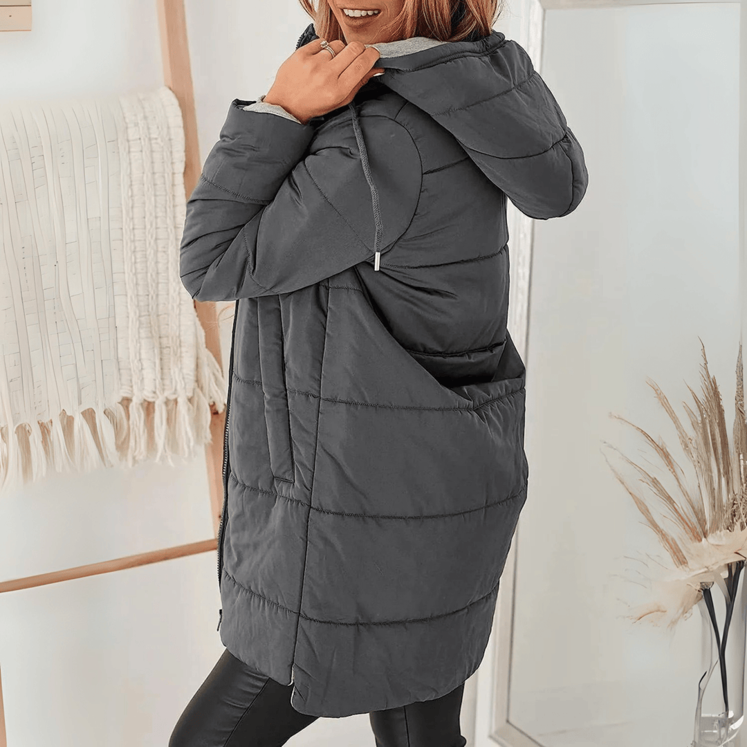 Women's Longline Quilted Puffer Jacket with Zip Front and Pockets – Black Cold Weather Coat 9