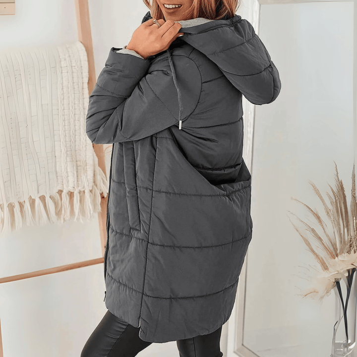 Women's Longline Quilted Puffer Jacket with Zip Front and Pockets – Black Cold Weather Coat 9