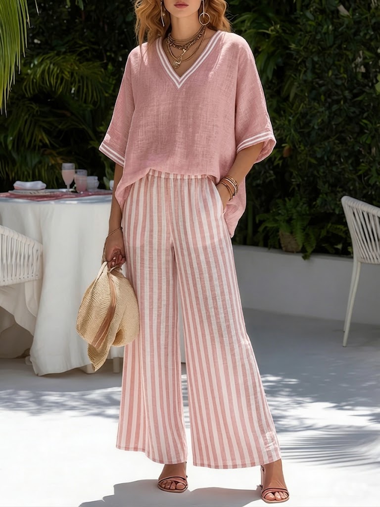 Women's Loungewear Set in Breathable Cotton-Linen Blend – Striped Two Piece Set with Relaxed Fit 1