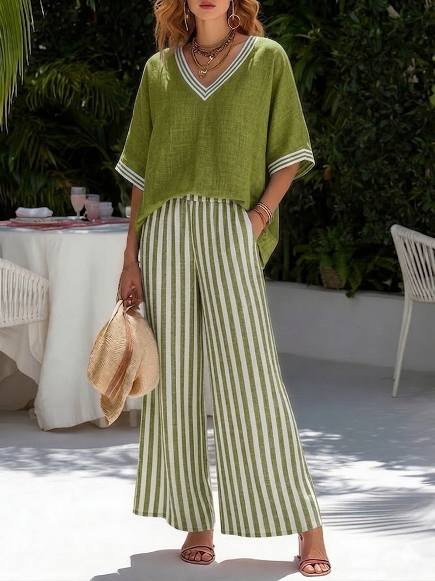 Women's Loungewear Set in Breathable Cotton-Linen Blend – Striped Two Piece Set with Relaxed Fit 4