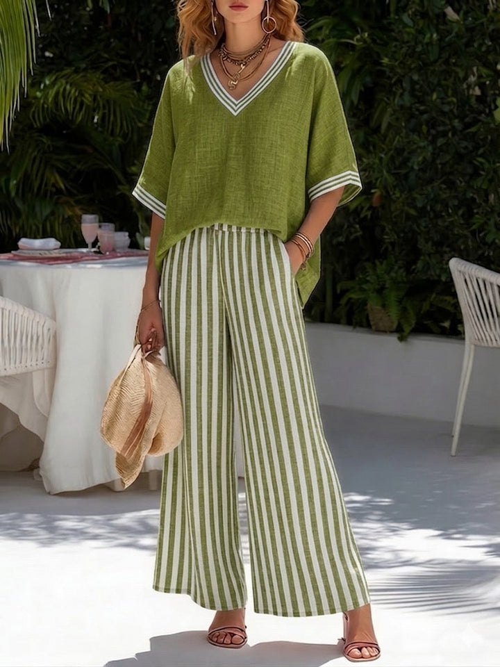 Women's Loungewear Set in Breathable Cotton-Linen Blend – Striped Two Piece Set with Relaxed Fit 4