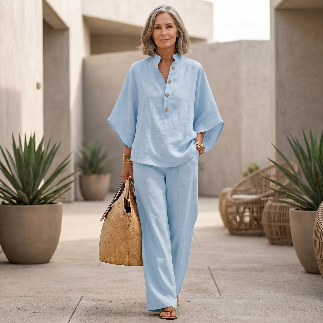 Women's Loungewear Set with Batwing Sleeves and Wide-Leg Pants – Linen-Textured Natural Style 2