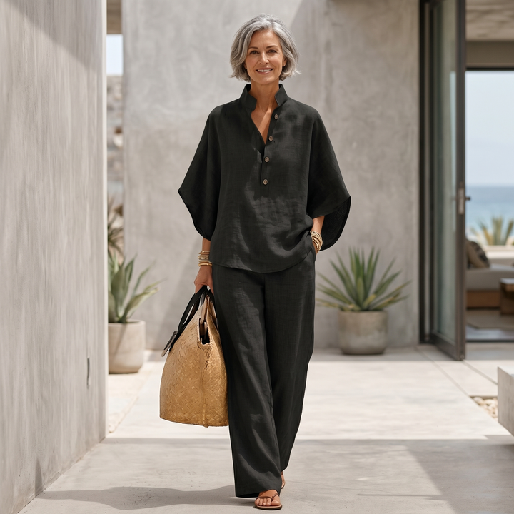 Women's Loungewear Set with Batwing Sleeves and Wide-Leg Pants – Linen-Textured Natural Style 4