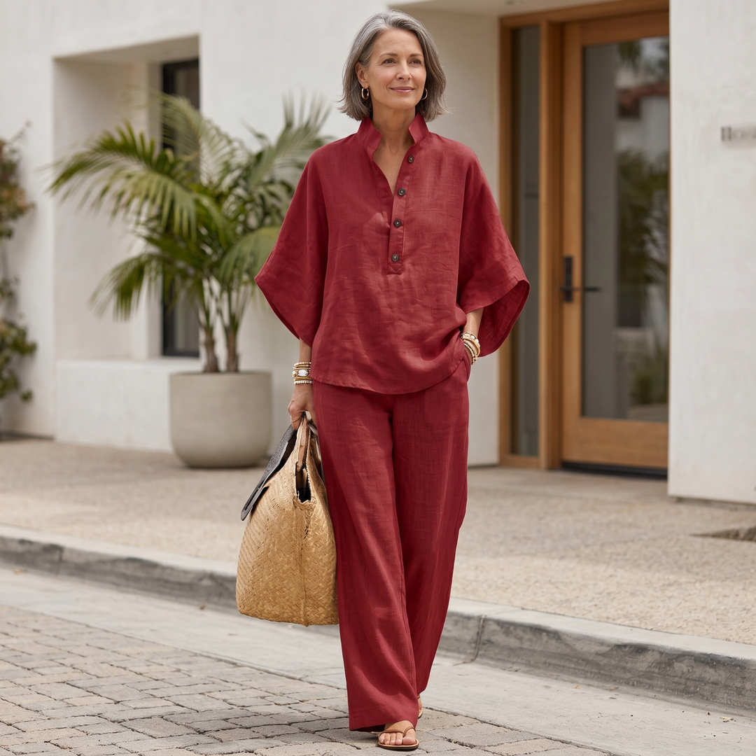 Women's Loungewear Set with Batwing Sleeves and Wide-Leg Pants – Linen-Textured Natural Style 5