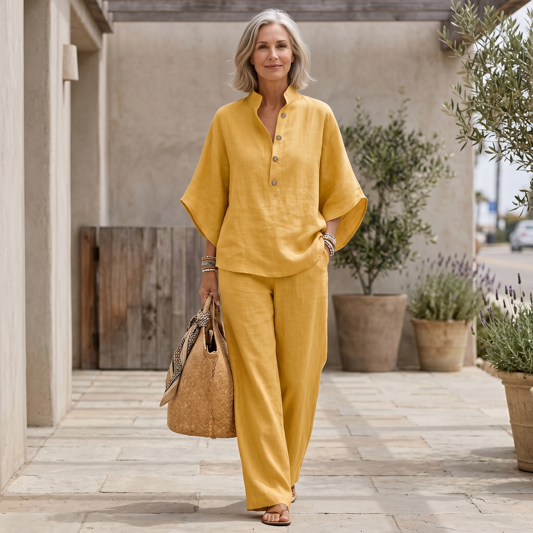 Women's Loungewear Set with Batwing Sleeves and Wide-Leg Pants – Linen-Textured Natural Style 6