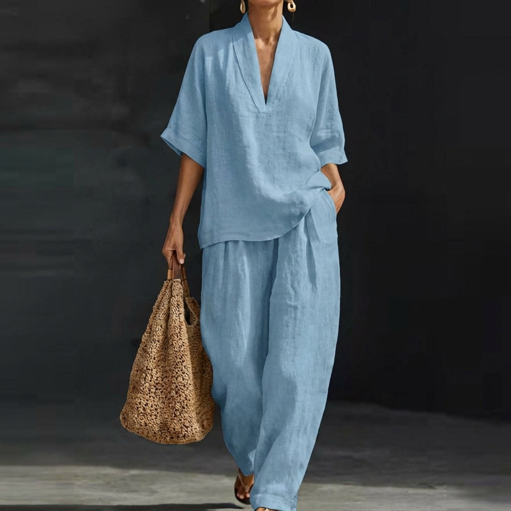 Women's Loungewear Set with Breathable Fabric and Wide-Leg Pants – Natural Elegance Two-Piece Outfit 0