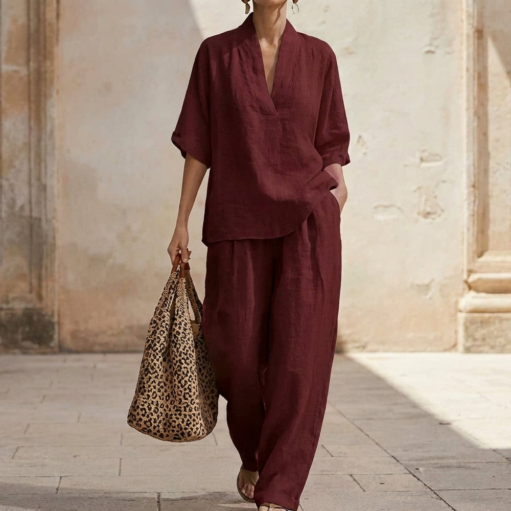 Women's Loungewear Set with Breathable Fabric and Wide-Leg Pants – Natural Elegance Two-Piece Outfit 1
