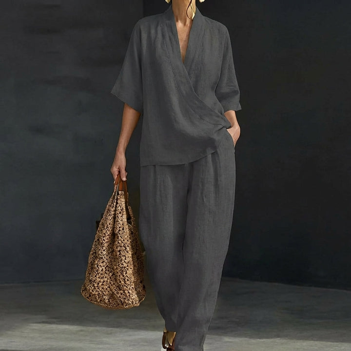 Women's Loungewear Set with Breathable Fabric and Wide-Leg Pants – Natural Elegance Two-Piece Outfit 3