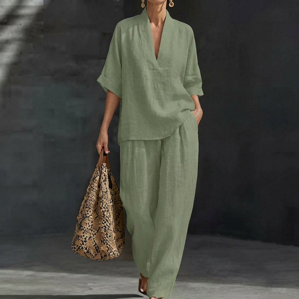 Women's Loungewear Set with Breathable Fabric and Wide-Leg Pants – Natural Elegance Two-Piece Outfit 6