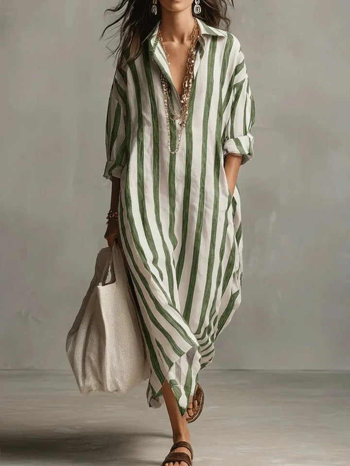 Women's striped linen maxi dress featuring adjustable roll-up sleeves, ankle-length design, and deep pockets for added convenience and style. 4