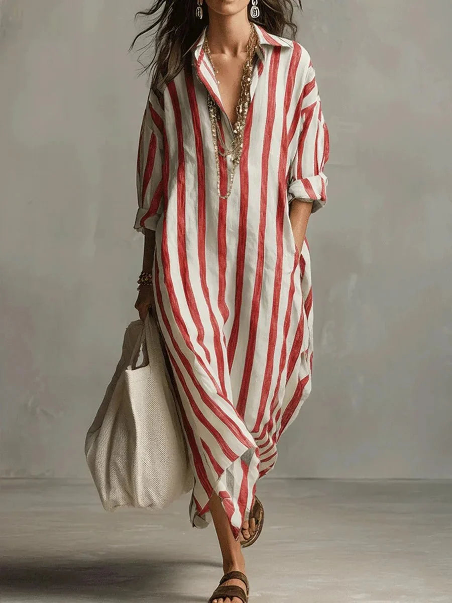 Women's striped linen maxi dress featuring adjustable roll-up sleeves, ankle-length design, and deep pockets for added convenience and style. 5