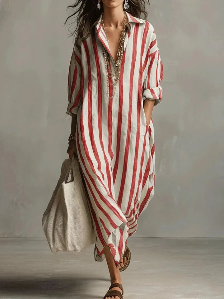 Women's striped linen maxi dress featuring adjustable roll-up sleeves, ankle-length design, and deep pockets for added convenience and style. 5