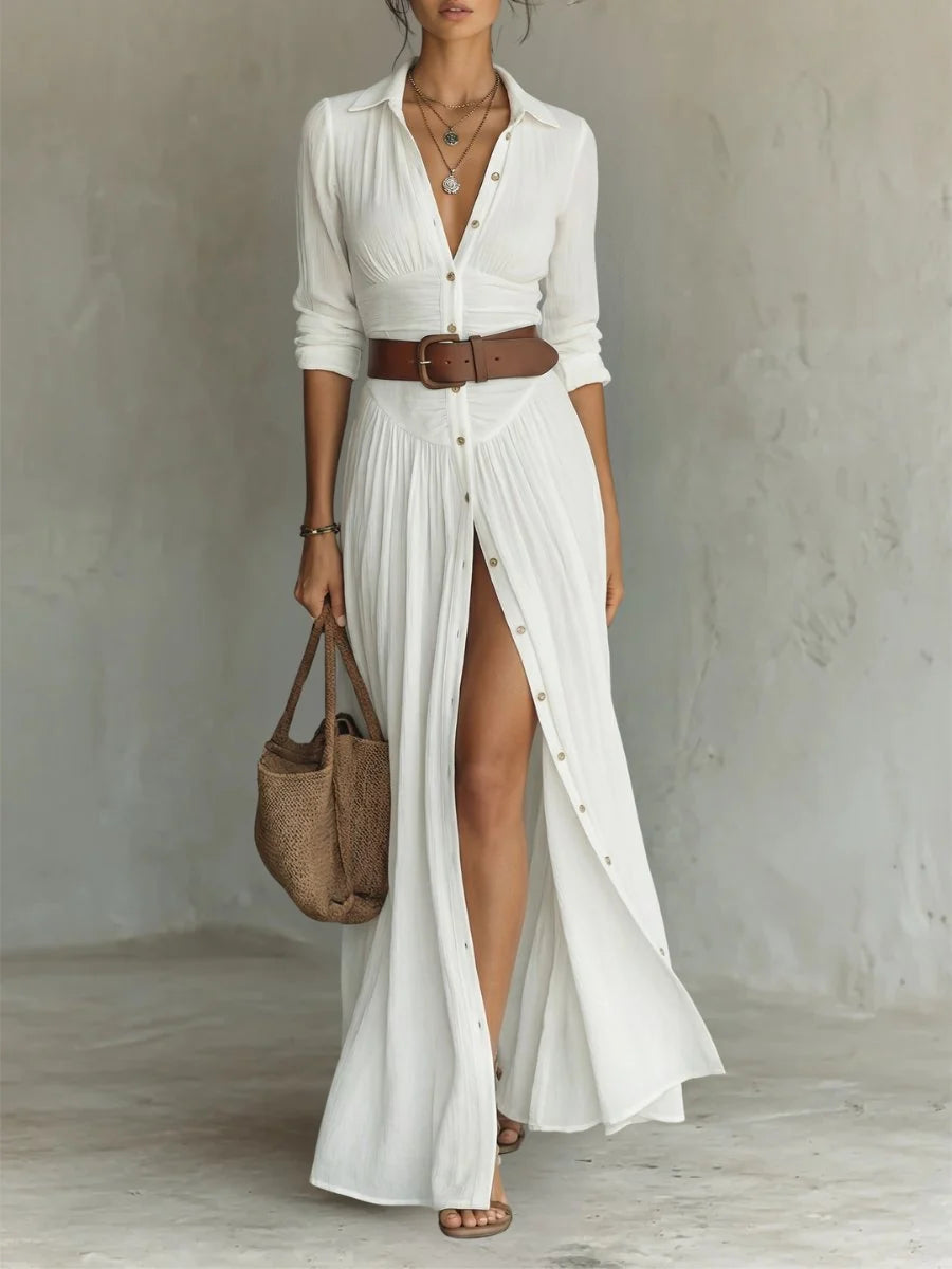 Women's maxi dress featuring a button front and a waist-defining belt, designed in a Boho chic style for effortless elegance, perfect for casual outings or 0