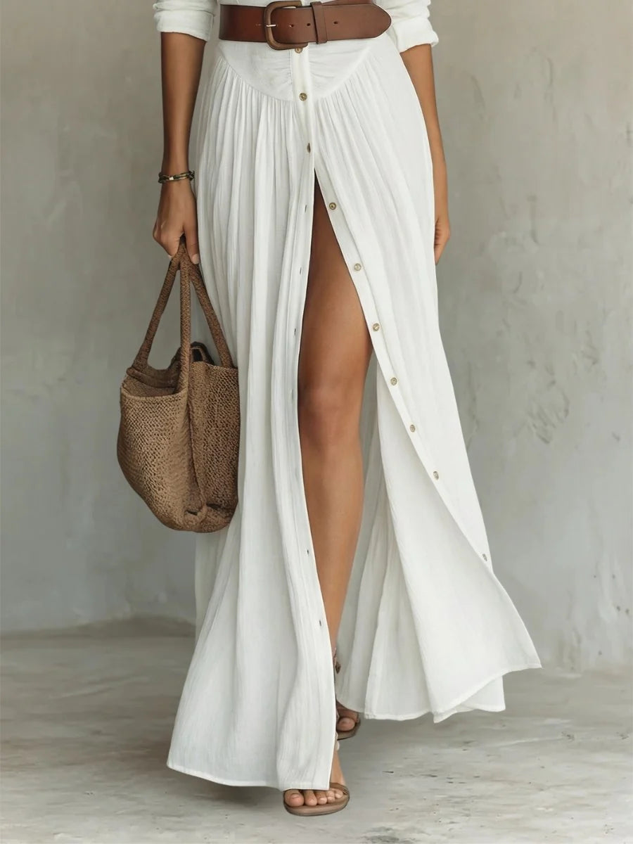 Women's maxi dress featuring a button front and a waist-defining belt, designed in a Boho chic style for effortless elegance, perfect for casual outings or 1
