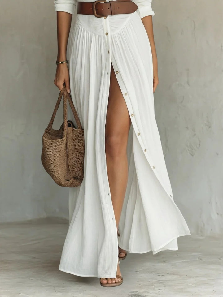 Women's maxi dress featuring a button front and a waist-defining belt, designed in a Boho chic style for effortless elegance, perfect for casual outings or 1