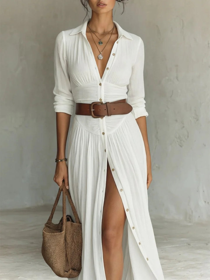 Women's maxi dress featuring a button front and a waist-defining belt, designed in a Boho chic style for effortless elegance, perfect for casual outings or 2