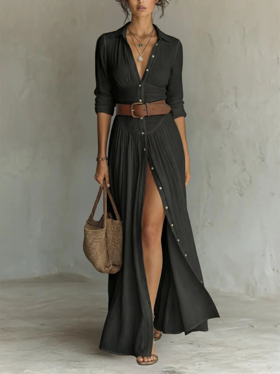 Women's maxi dress featuring a button front and a waist-defining belt, designed in a Boho chic style for effortless elegance, perfect for casual outings or 3