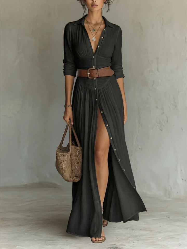 Women's maxi dress featuring a button front and a waist-defining belt, designed in a Boho chic style for effortless elegance, perfect for casual outings or 3