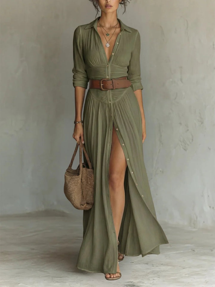 Women's maxi dress featuring a button front and a waist-defining belt, designed in a Boho chic style for effortless elegance, perfect for casual outings or 4