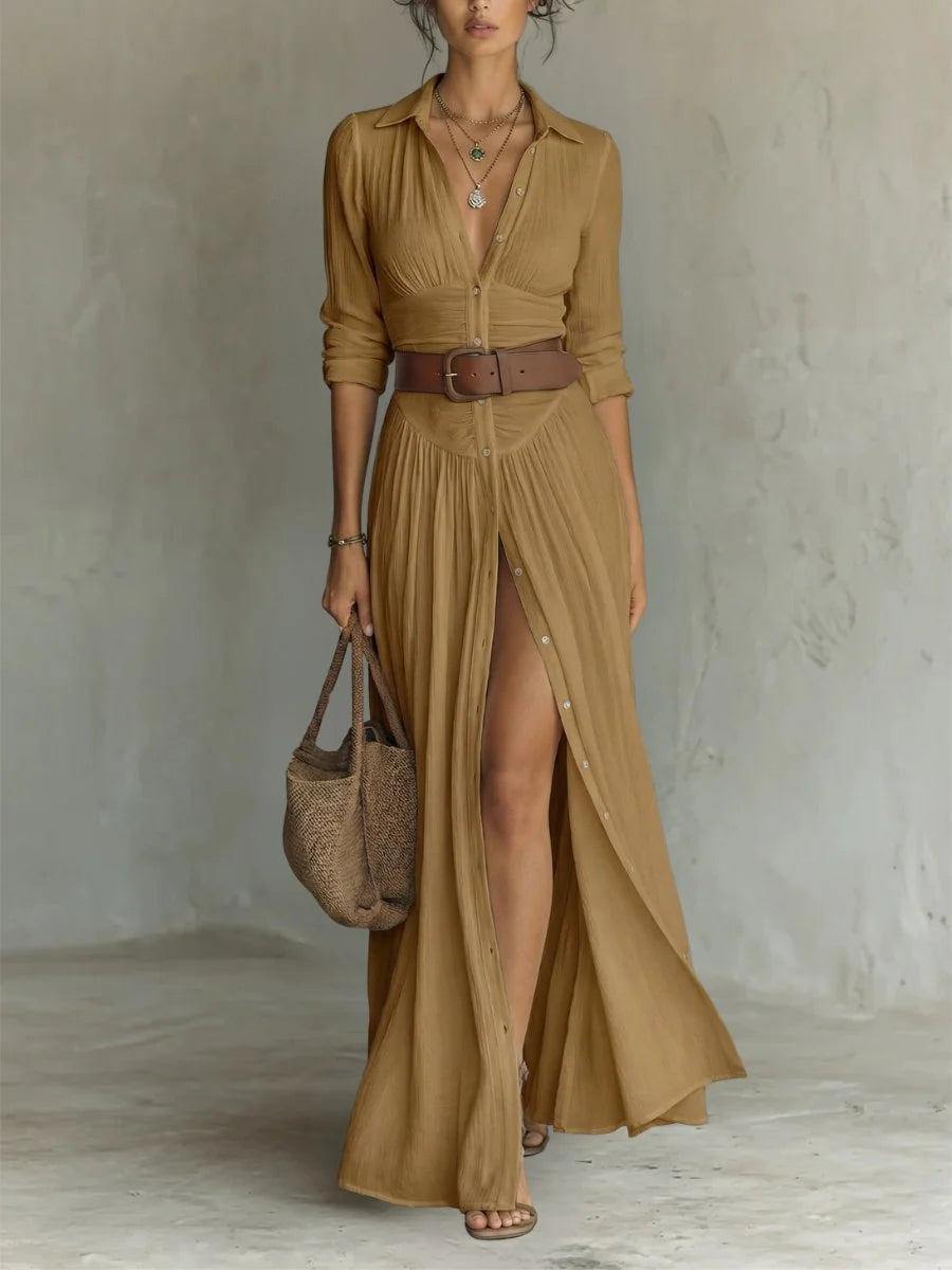 Women's maxi dress featuring a button front and a waist-defining belt, designed in a Boho chic style for effortless elegance, perfect for casual outings or 5