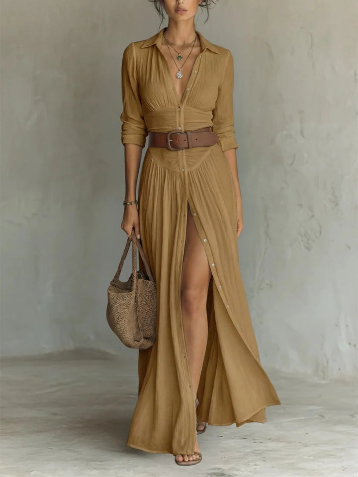 Women's maxi dress featuring a button front and a waist-defining belt, designed in a Boho chic style for effortless elegance, perfect for casual outings or 5