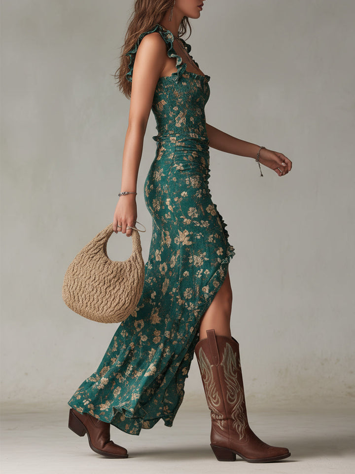 Women's Bohemian maxi dress featuring a high side slit and ruffled sleeves, perfect for summer outings and stylish beachwear. 1