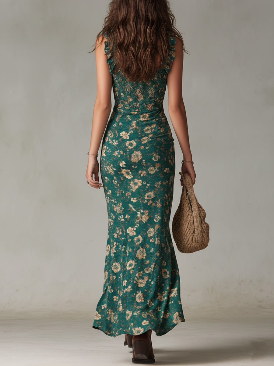 Women's Bohemian maxi dress featuring a high side slit and ruffled sleeves, perfect for summer outings and stylish beachwear. 2