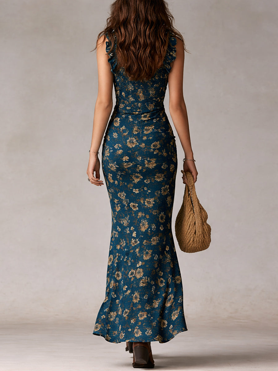 Women's Bohemian maxi dress featuring a high side slit and ruffled sleeves, perfect for summer outings and stylish beachwear. 4