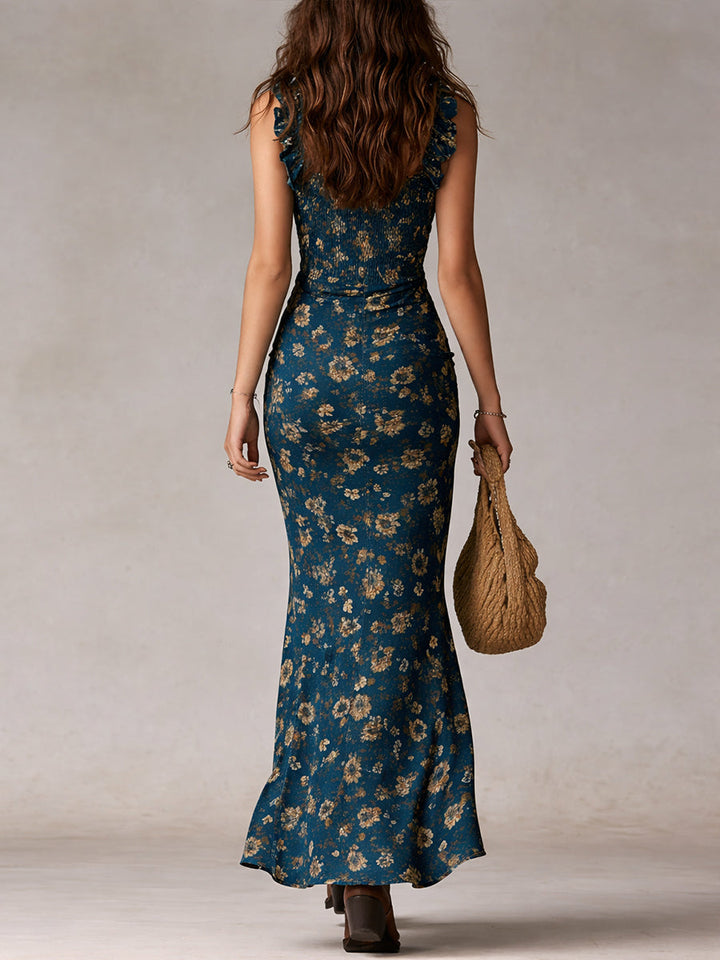 Women's Bohemian maxi dress featuring a high side slit and ruffled sleeves, perfect for summer outings and stylish beachwear. 4