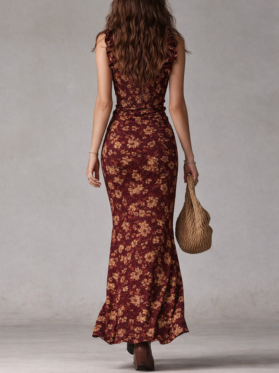 Women's Bohemian maxi dress featuring a high side slit and ruffled sleeves, perfect for summer outings and stylish beachwear. 6