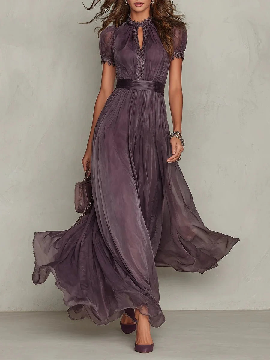 Elegant women's maxi dress featuring a keyhole neckline and a flowing chiffon skirt, perfect for formal evening occasions. 0