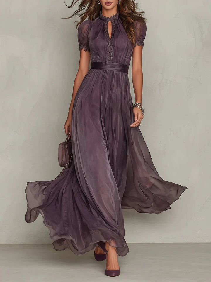 Elegant women's maxi dress featuring a keyhole neckline and a flowing chiffon skirt, perfect for formal evening occasions. 0