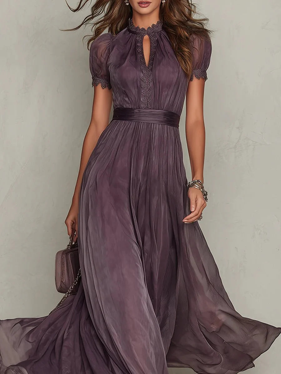 Elegant women's maxi dress featuring a keyhole neckline and a flowing chiffon skirt, perfect for formal evening occasions. 3