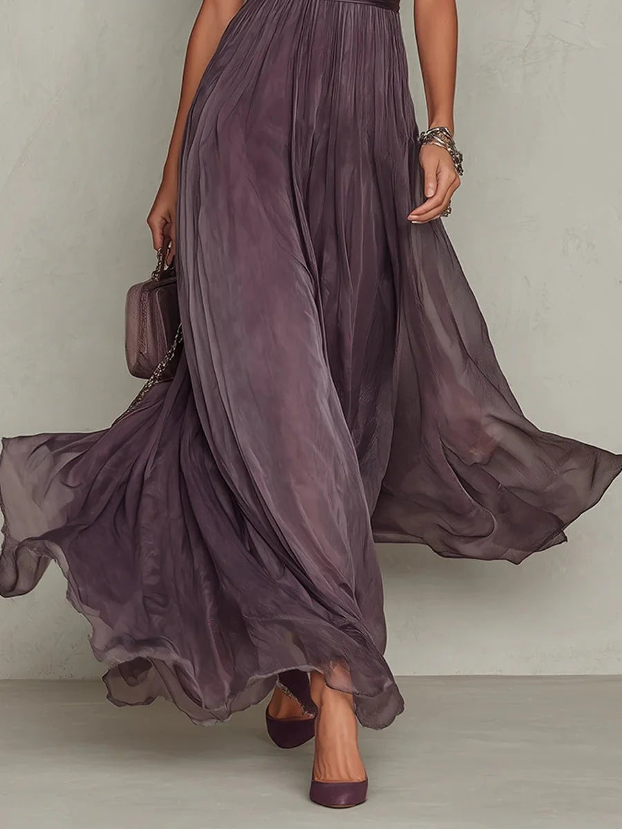 Elegant women's maxi dress featuring a keyhole neckline and a flowing chiffon skirt, perfect for formal evening occasions. 4