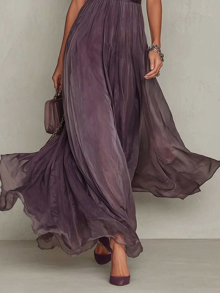 Elegant women's maxi dress featuring a keyhole neckline and a flowing chiffon skirt, perfect for formal evening occasions. 4