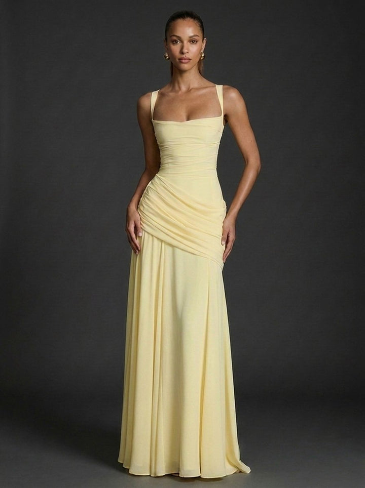 Elegant women's maxi dress featuring a square neckline and ruched bodice, perfect for weddings and special occasions. 0