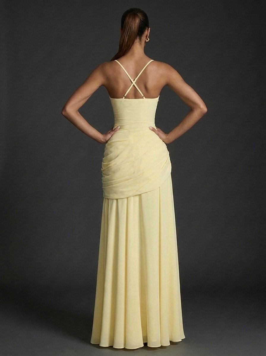 Elegant women's maxi dress featuring a square neckline and ruched bodice, perfect for weddings and special occasions. 3
