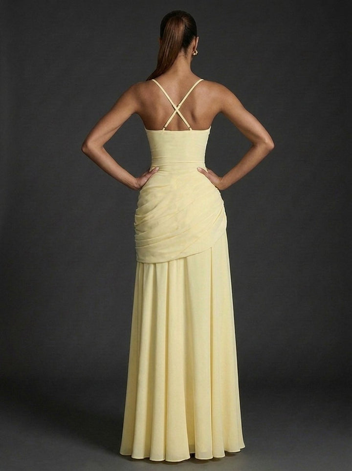Elegant women's maxi dress featuring a square neckline and ruched bodice, perfect for weddings and special occasions. 3